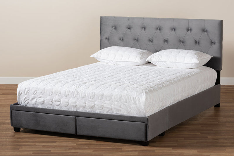 Paxton Gray Velvet Fabric Upholstered 2-Drawer King Size Platform Storage Bed Baxton