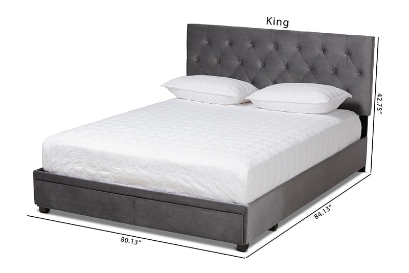 Paxton Modern and Contemporary Gray Velvet Fabric Upholstered 2-Drawer King Size Platform Storage Bed