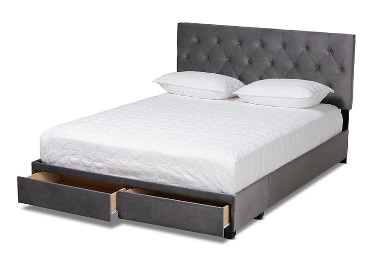 Paxton Modern and Contemporary Gray Velvet Fabric Upholstered 2-Drawer Queen Size Platform Storage Bed