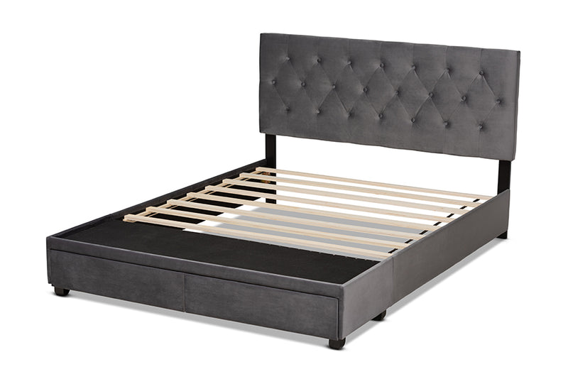 Paxton Modern and Contemporary Gray Velvet Fabric Upholstered 2-Drawer Queen Size Platform Storage Bed