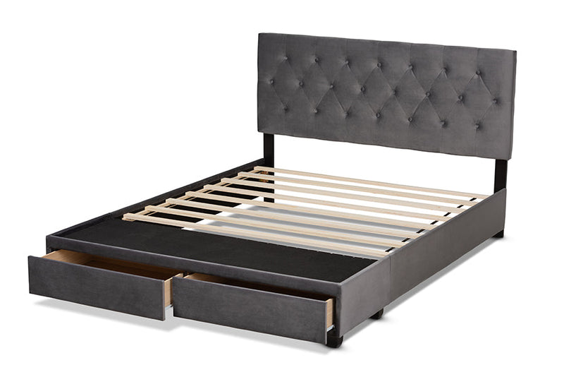 Paxton Gray Velvet Fabric Upholstered 2-Drawer King Size Platform Storage Bed Baxton