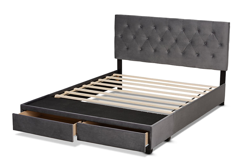 Paxton Modern and Contemporary Gray Velvet Fabric Upholstered 2-Drawer King Size Platform Storage Bed