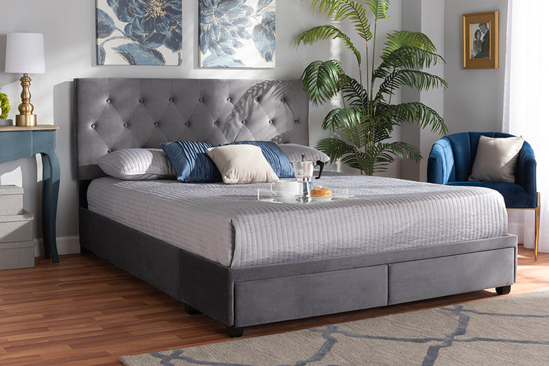 Paxton Gray Velvet Fabric Upholstered 2-Drawer King Size Platform Storage Bed Baxton