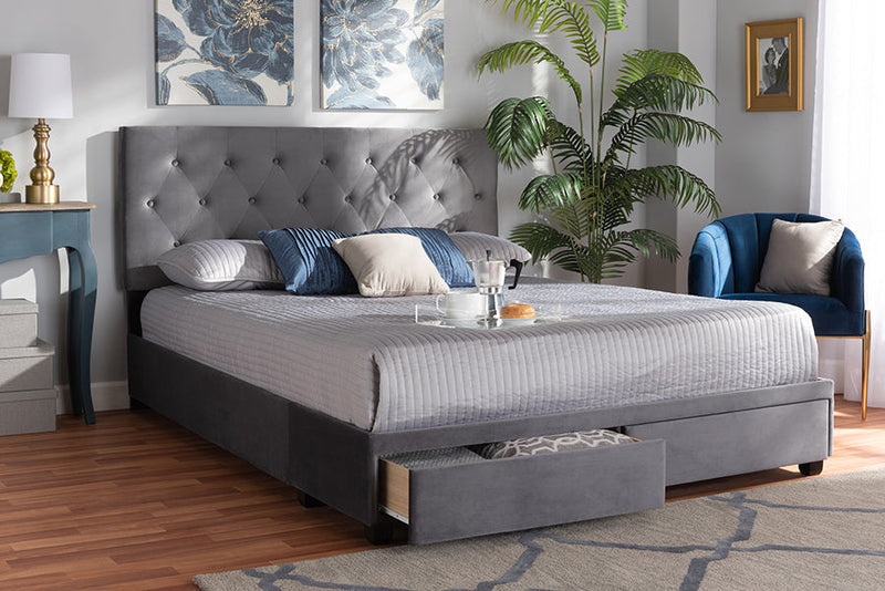 Paxton Gray Velvet Fabric Upholstered 2-Drawer King Size Platform Storage Bed Baxton