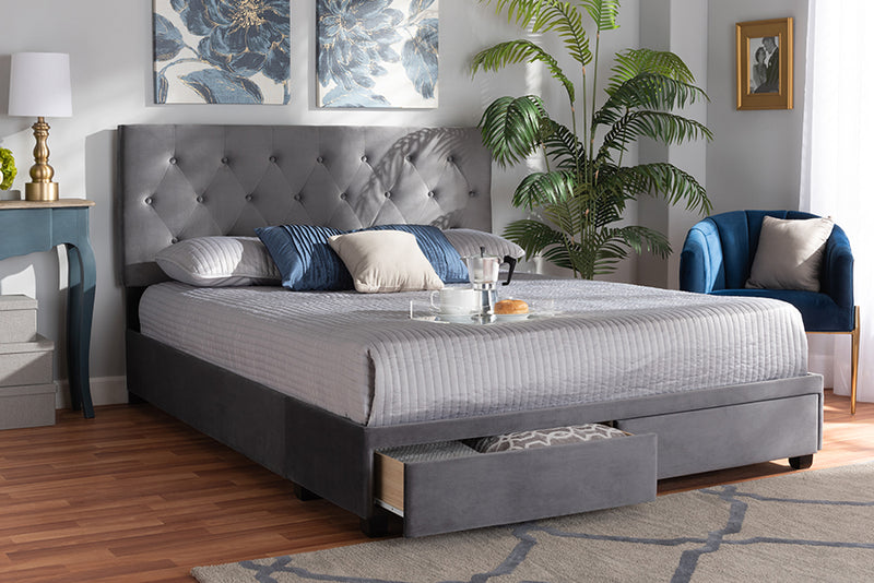 Paxton Modern and Contemporary Gray Velvet Fabric Upholstered 2-Drawer King Size Platform Storage Bed