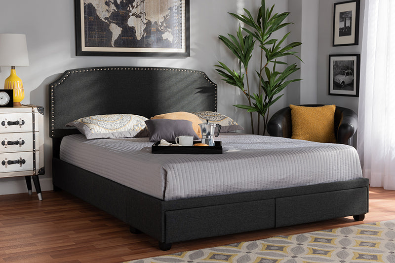 Louise Dark Gray Fabric Upholstered 2-Drawer Queen Size Platform Storage Bed