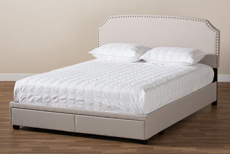 Louise Beige Fabric Upholstered 2-Drawer Queen Size Platform Storage Bed Baxton