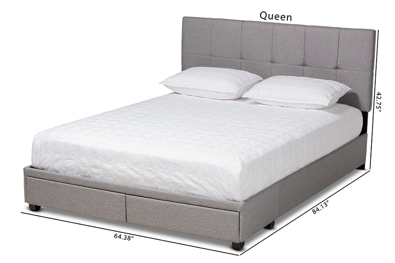 Genevieve Light Gray Fabric Upholstered 2-Drawer Queen Size Platform Storage Bed