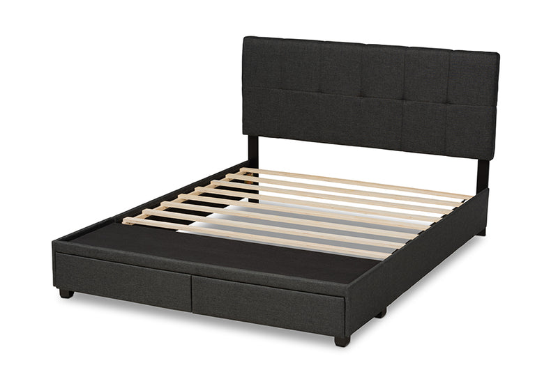 Genevieve Dark Gray Fabric Upholstered 2-Drawer Queen Size Platform Storage Bed