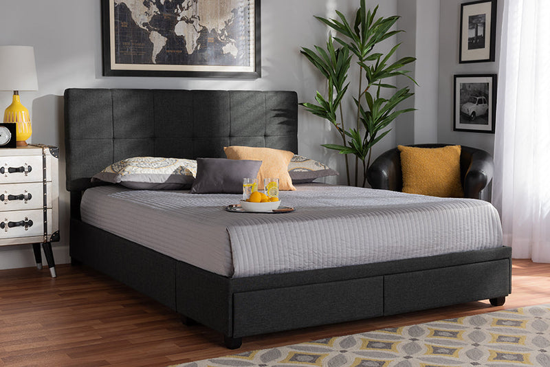Genevieve Dark Gray Fabric Upholstered 2-Drawer King Size Platform Storage Bed Baxton