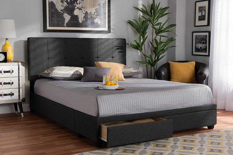 Genevieve Dark Gray Fabric Upholstered 2-Drawer Queen Size Platform Storage Bed