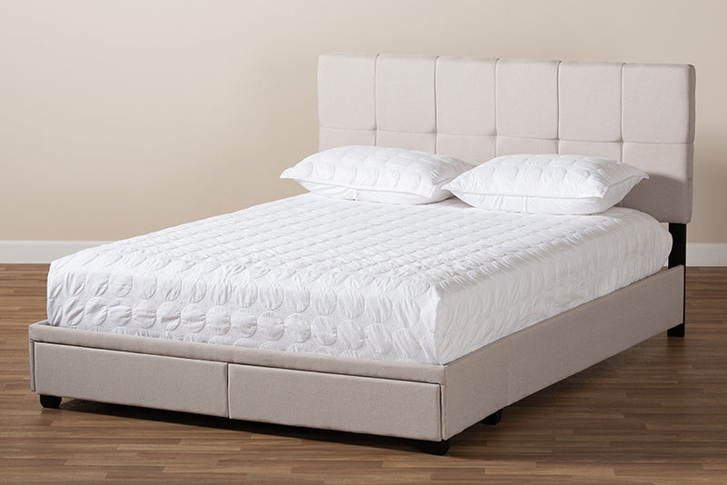 Genevieve Beige Fabric Upholstered 2-Drawer Queen Size Platform Storage Bed