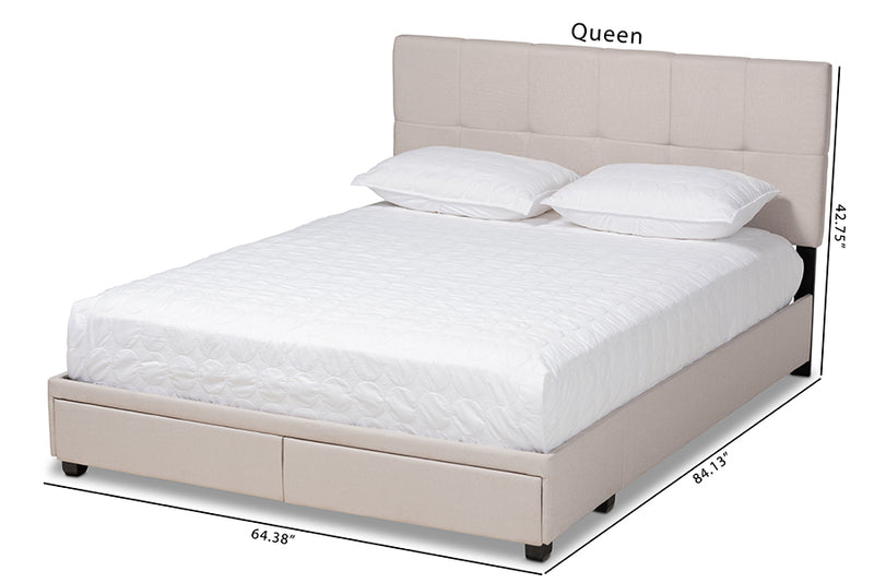 Genevieve Beige Fabric Upholstered 2-Drawer Queen Size Platform Storage Bed