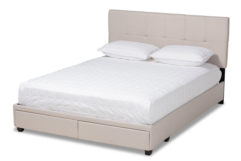 Genevieve Beige Fabric Upholstered 2-Drawer Queen Size Platform Storage Bed