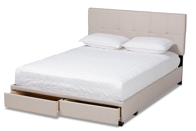 Genevieve Beige Fabric Upholstered 2-Drawer King Size Platform Storage Bed Baxton