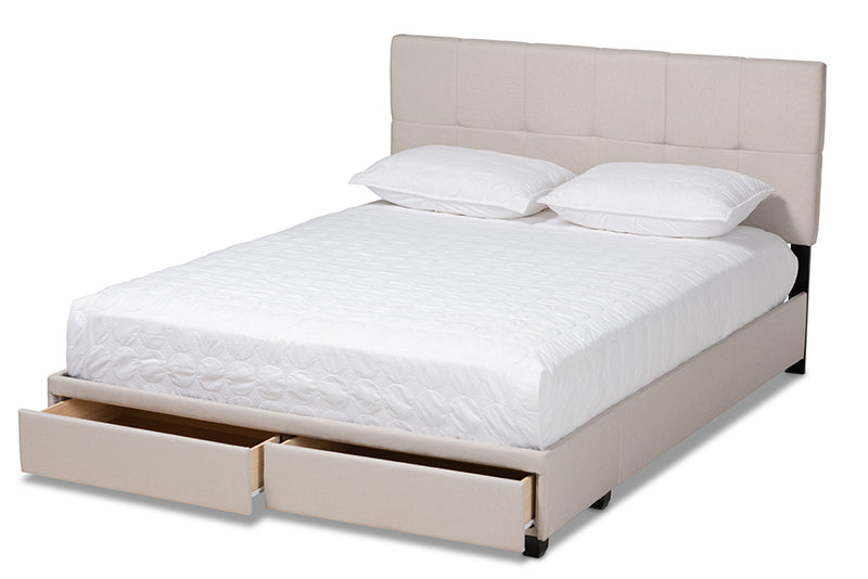 Genevieve Beige Fabric Upholstered 2-Drawer Queen Size Platform Storage Bed