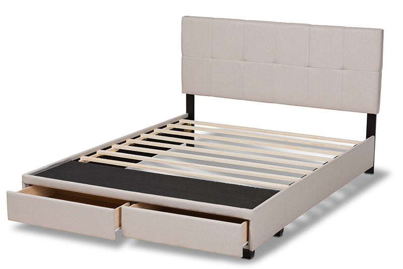 Genevieve Beige Fabric Upholstered 2-Drawer Queen Size Platform Storage Bed