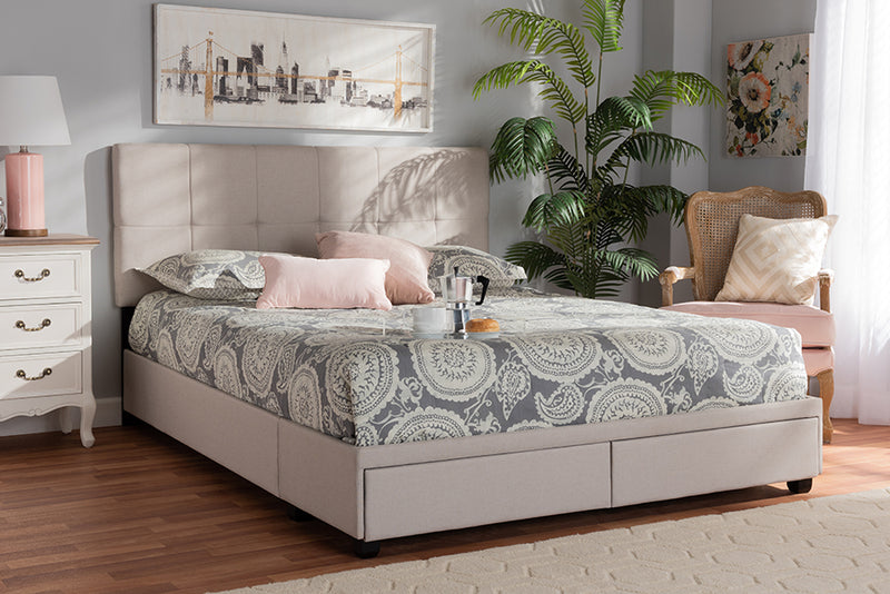 Genevieve Beige Fabric Upholstered 2-Drawer Queen Size Platform Storage Bed