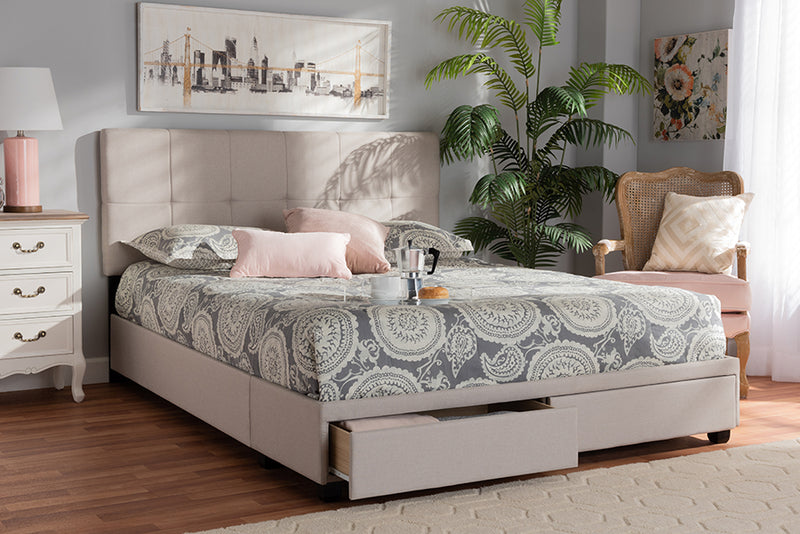 Genevieve Beige Fabric Upholstered 2-Drawer Queen Size Platform Storage Bed