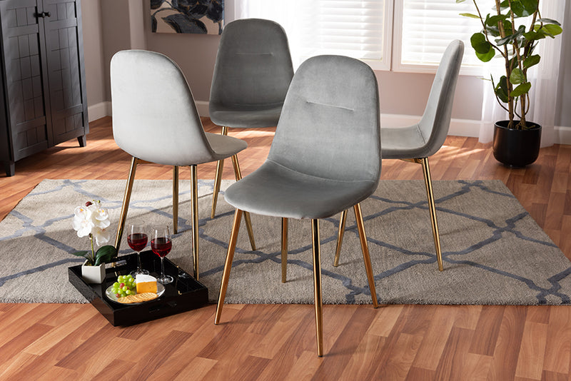 Warwick Glam and Luxe Gray Velvet Fabric Upholstered Gold Finished 4-Piece Metal Dining Chair Set