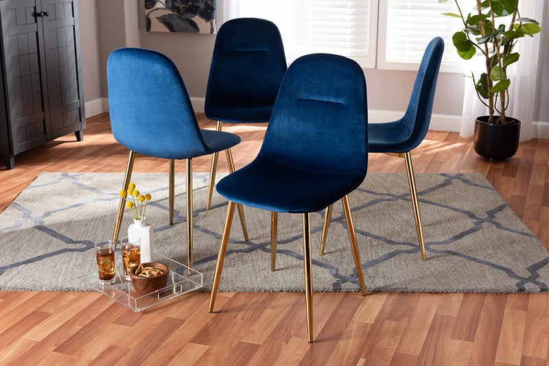 Warwick Glam and Luxe Navy Blue Velvet Fabric Upholstered Gold Finished 4-Piece Metal Dining Chair Set