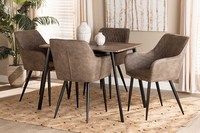 Niesha Modern Transitional Gray Faux Leather Effect Fabric Upholstered and Black Metal 5-Piece Dining Set