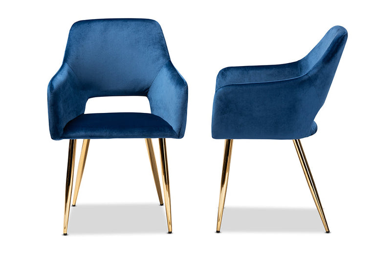 Tonia Navy Blue Velvet Fabric Gold Finished 2Pc Metal Dining Chair Set Baxton