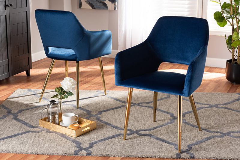 Tonia Glam and Luxe Navy Blue Velvet Fabric Upholstered Gold Finished 2-Piece Metal Dining Chair Set