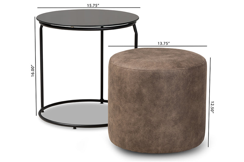 Savara Modern and Contemporary Black w/Grey and Brown 2-Piece Nesting Table and Ottoman Set