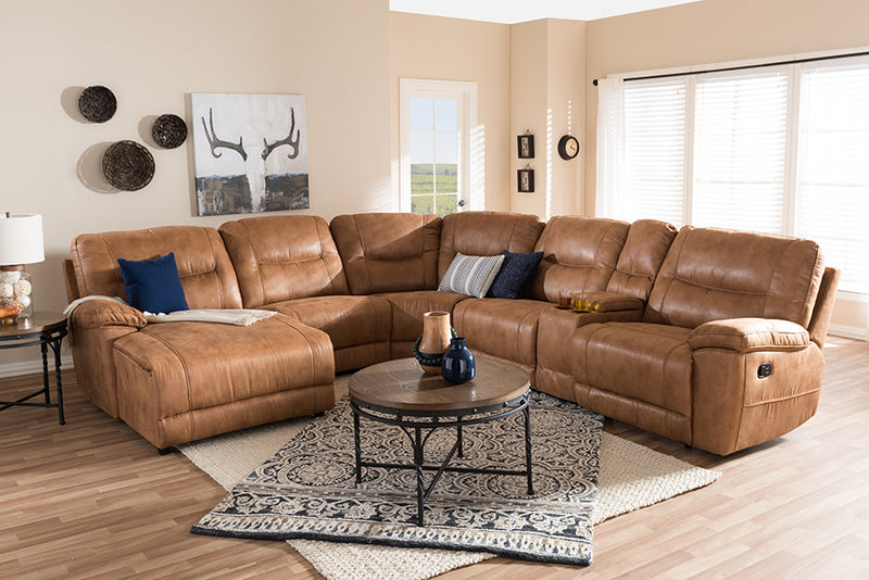 Idoya Modern and Contemporary Light Brown Palomino Suede 6-Piece Sectional w/Recliners Corner Lounge Suite 