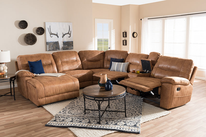 Idoya Modern and Contemporary Light Brown Palomino Suede 6-Piece Sectional w/Recliners Corner Lounge Suite