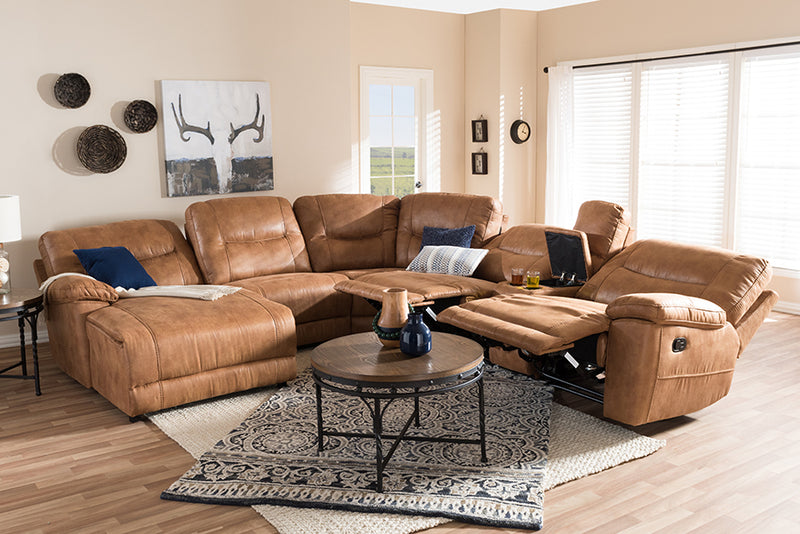 Idoya Modern and Contemporary Light Brown Palomino Suede 6-Piece Sectional w/Recliners Corner Lounge Suite