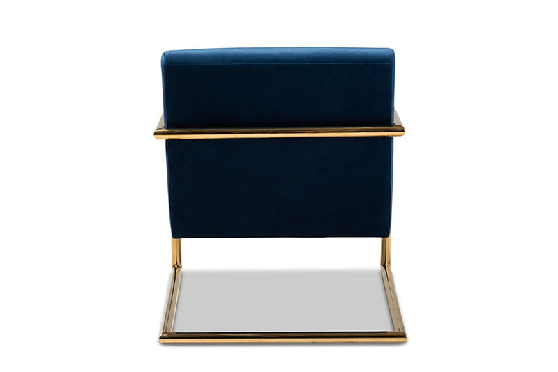 Madra Navy Blue Velvet Fabric Upholstered Gold Finished Metal Lounge Chair Baxton