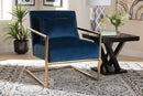 Madra Navy Blue Velvet Fabric Upholstered Gold Finished Metal Lounge Chair Baxton