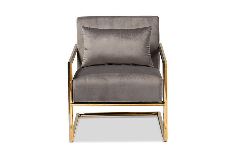 Madra Gray Velvet Fabric Upholstered Gold Finished Metal Lounge Chair Baxton