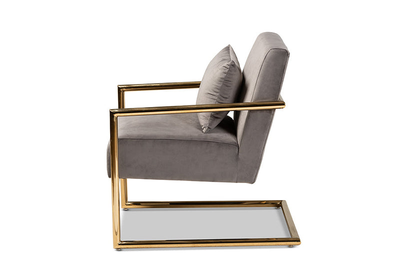 Madra Gray Velvet Fabric Upholstered Gold Finished Metal Lounge Chair Baxton