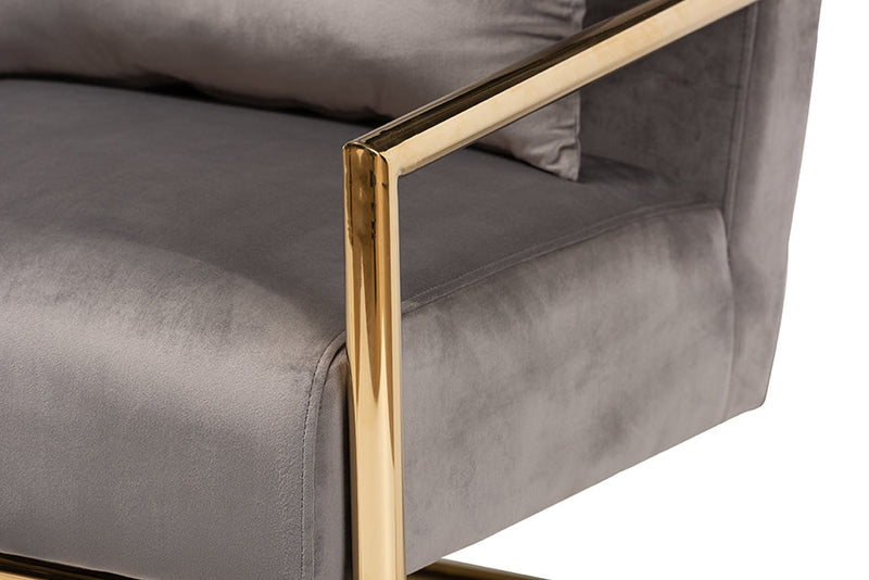 Madra Gray Velvet Fabric Upholstered Gold Finished Metal Lounge Chair Baxton
