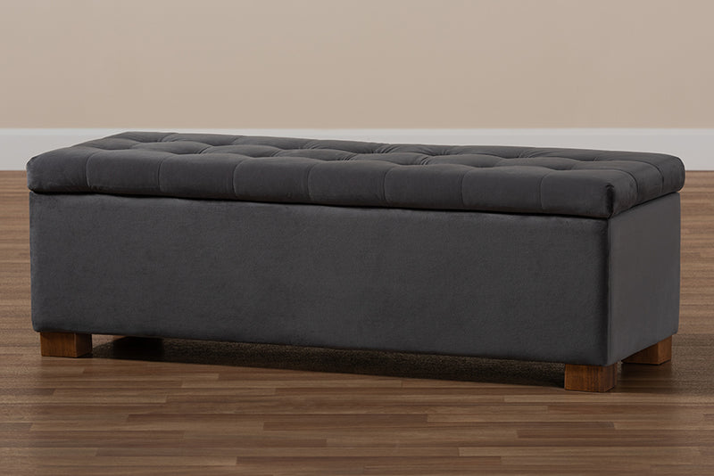 Eleri Modern and Contemporary Gray Velvet Fabric Upholstered Grid-Tufted Storage Ottoman Bench