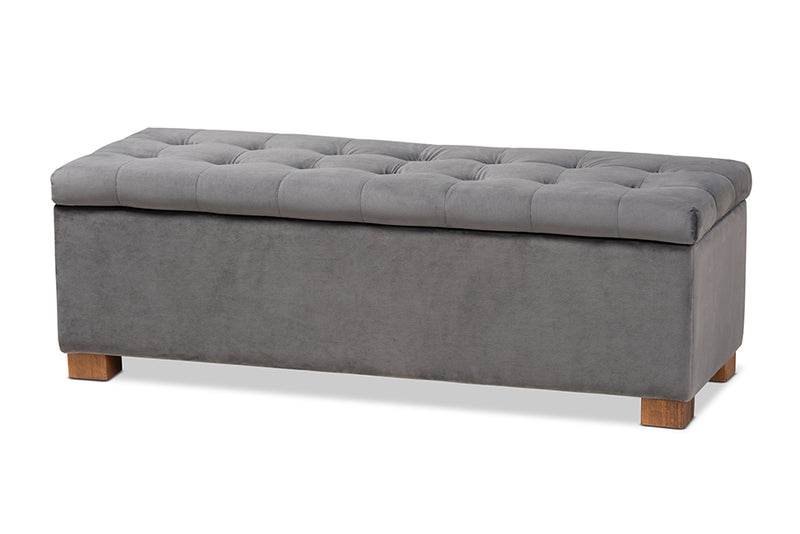 Eleri Modern and Contemporary Gray Velvet Fabric Upholstered Grid-Tufted Storage Ottoman Bench