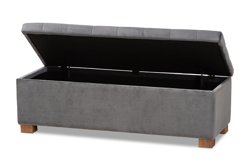 Eleri Modern and Contemporary Gray Velvet Fabric Upholstered Grid-Tufted Storage Ottoman Bench