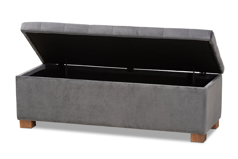 Eleri Gray Velvet Fabric Upholstered Grid-Tufted Storage Ottoman Bench Baxton