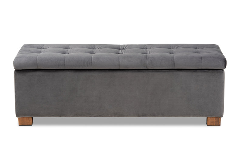 Eleri Modern and Contemporary Gray Velvet Fabric Upholstered Grid-Tufted Storage Ottoman Bench