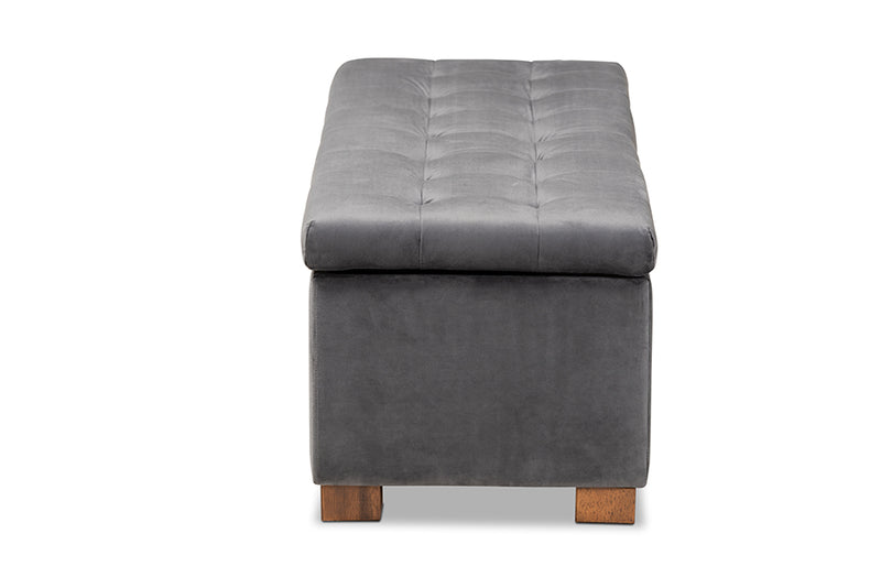 Eleri Modern and Contemporary Gray Velvet Fabric Upholstered Grid-Tufted Storage Ottoman Bench