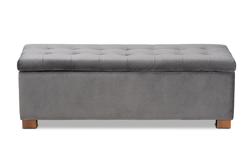 Eleri Modern and Contemporary Gray Velvet Fabric Upholstered Grid-Tufted Storage Ottoman Bench