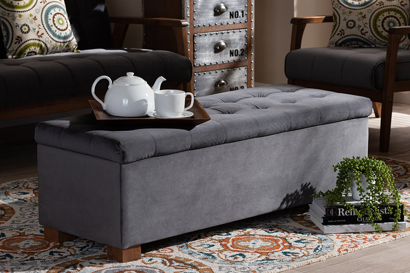 Eleri Modern and Contemporary Gray Velvet Fabric Upholstered Grid-Tufted Storage Ottoman Bench