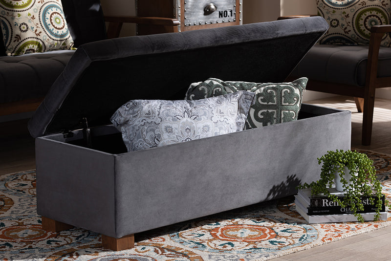 Eleri Modern and Contemporary Gray Velvet Fabric Upholstered Grid-Tufted Storage Ottoman Bench