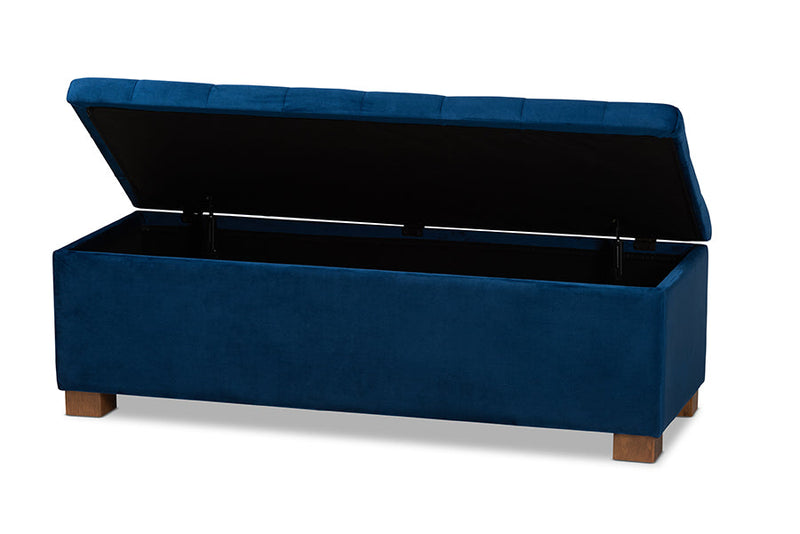 Eleri Navy Blue Velvet Fabric Upholstered Grid-Tufted Storage Ottoman Bench Baxton