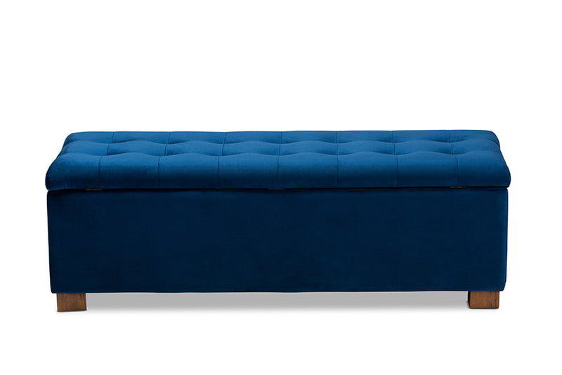 Eleri Navy Blue Velvet Fabric Upholstered Grid-Tufted Storage Ottoman Bench Baxton