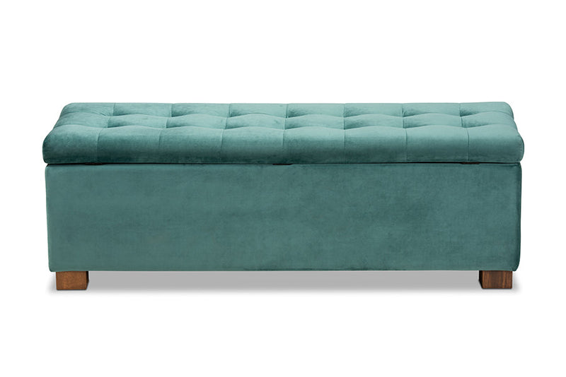 Eleri Teal Blue Velvet Fabric Upholstered Grid-Tufted Storage Ottoman Bench Baxton