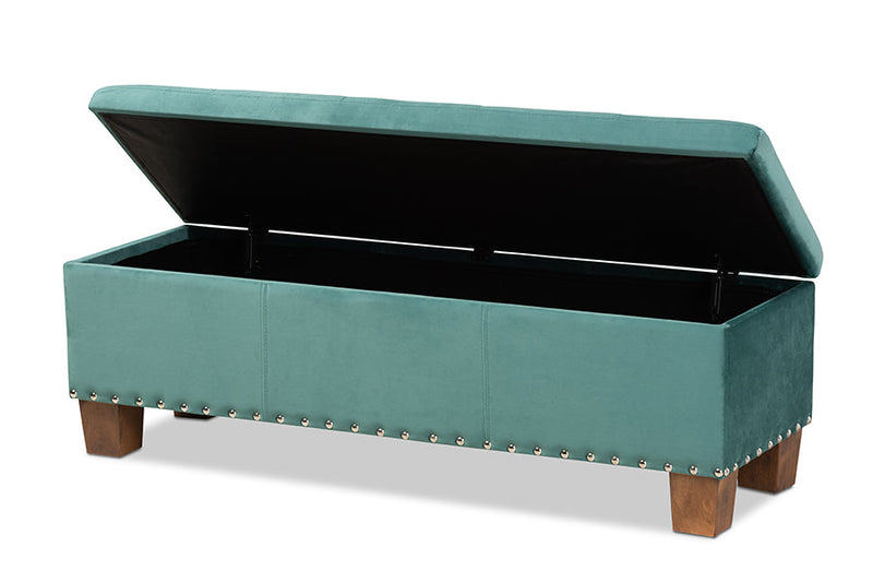 Dannon Teal Blue Velvet Fabric Upholstered Button-Tufted Storage Ottoman Bench Baxton